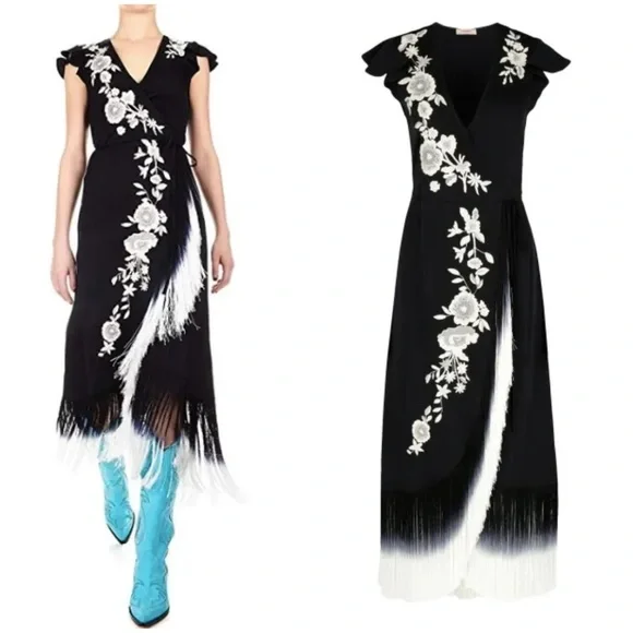 VENUS Black w/ White Embroidered Floral Asymmetric Fringe Wrap Midi Dress Size 8 - Picture 1 of 11